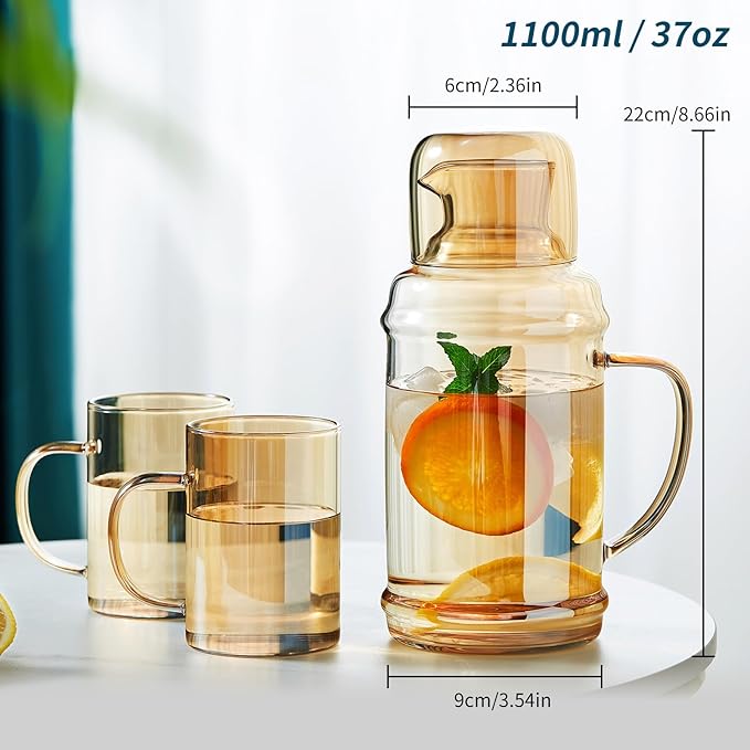 37OZ Glass Pitcher with Lid and Spout, Water Jug, 1000ml Carafe for Hot/Cold Water, Large Iced Tea Pitcher for Coffee, Juice and Homemade Beverage