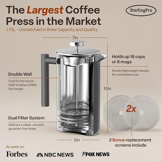 Extra Large French Press Coffee Maker 59 oz (1.75L), Large Capacity Stainless Steel Big French Press XL, Thermal Insulated Largest Coffee Maker with Double Walled Insulation, Gray