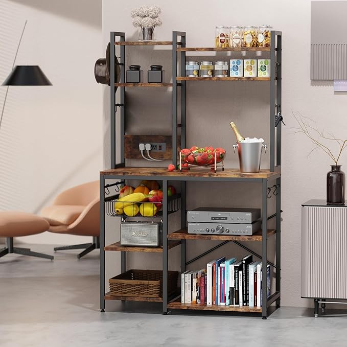 Luckyeestar Kitchen Bakers Rack with Power Outlet, 35.4" 6-Tier Microwave Stand, Coffee Bar with 12 S-Shaped Hooks, Adjustable Feet Pads&150lbs CapacityKitchen Shelf with Wire Basket, Rustic Brown
