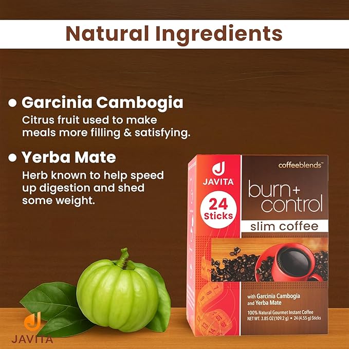 Javita Burn + Control Instant Coffee – Smooth Arabica, Robusta Blend with Garcinia & Yerba Mate – Supports Metabolism & Daily Energy – Convenient Slim-Style Coffee Mix (1 box/24 serv.)