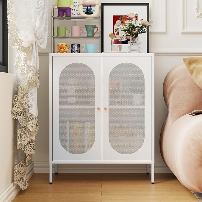 2 Door Accent Cabinet,Metal Storage Cabinet with Adjustable Shelf,Buffet Sideboard for Bed Room,Living Room,Entryway,Hallway,Home,Hotel,Office,Garage,Kitchen,1 Removable Shelf. (Mesh Door, White)