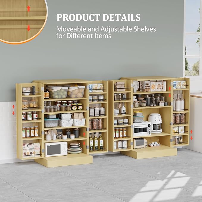 VINGLI Pantry Cabinet, Rattan Kitchen Storage Cabinet with 2 Doors and Adjustable Shelves, 40.5" H Food Storage Freestanding Cupboard for Small Space in Dining Room, Living Room