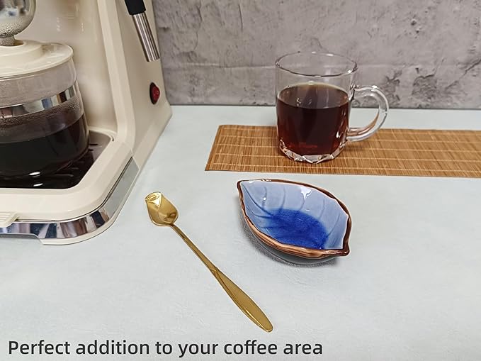 Coffee Spoon and Rest for Coffee Bar Accessories, Leaf Small Spoon Rest for Coffee Station, Tea Spoon Rest Tea Spoon Holder Teaspoon Rest, 1 PC (Ice Cracks Sapphire with Gold Rose Spoon)