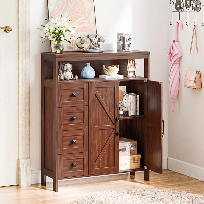 Vabches Farmhouse Storage Cabinet with 2 Doors and 4 Drawers, Freestanding Bathroom Compartment Kitchen Pantry Cabinet, Floor Cupboard for Kitchen/Living Room/Bathroom,Walnut