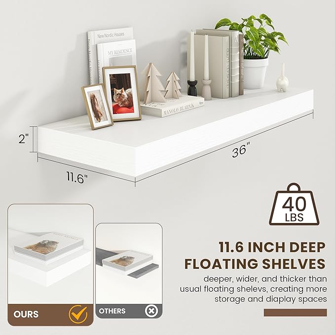 12 Inch Deep Floating Shelves | 36 Inch White Floating Shelves | 36" W x 12" D Rustic Wood Shelves for Wall | Deep White Shelves for Living Room Bathroom Laundry Room Kitchen