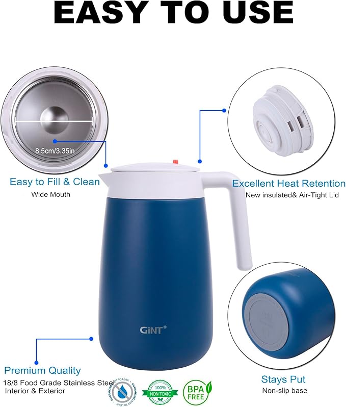 GiNT 54Oz/1.6L Thermal Coffee Carafe Wide Mouth - Double Wall Vacuum Insulated Stainless Steel Beverage Dispenser with Safety Lock | 12H Hot & 24H Cold Retention (Blue)