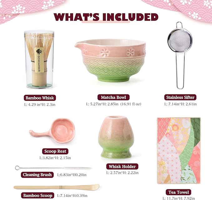 Matcha Tea Set, 8 Pcs Japanese Matcha Kit with Cherry Blossom and Wave Design Ceramic Bowl, Bamboo Whisk, Whisk Holder, Scoop, Sifter, Brush, Matcha Kit Set for Matcha Lovers (Pink-Green)