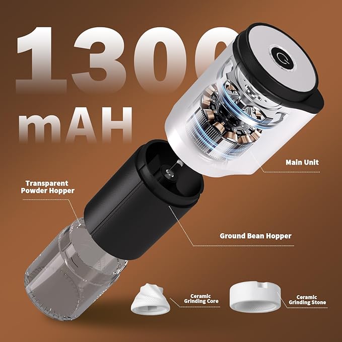 Portable Electric Coffee Grinder,Features a Built-in 1300mAh Rechargeable Battery, Adjustable Grind Settings for Coffee Beans/Grains,Portable Coffee Grinder for Home,Camping and Travel Use