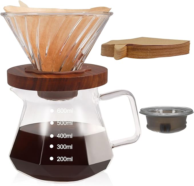 Pour Over Coffee Maker Set 600ml 20.3oz Portable with 100 Pcs Filter Paper Glass Coffee Maker High Borosilicate Glass Eagle Beak Spout Design Walnut Wood Base for Pour Over for Daily Brewing