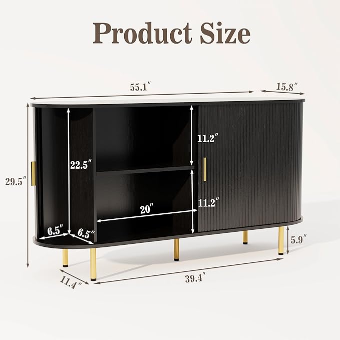 DHH Sideboard Buffet Cabinet with Storage,Mid Century Modern Fluted Accent Coffee Bar Console Table,Tambour Sliding Doors& Adjustable Shelf for Kitchen, Living Room, Entryway(Black, 55 Inch)