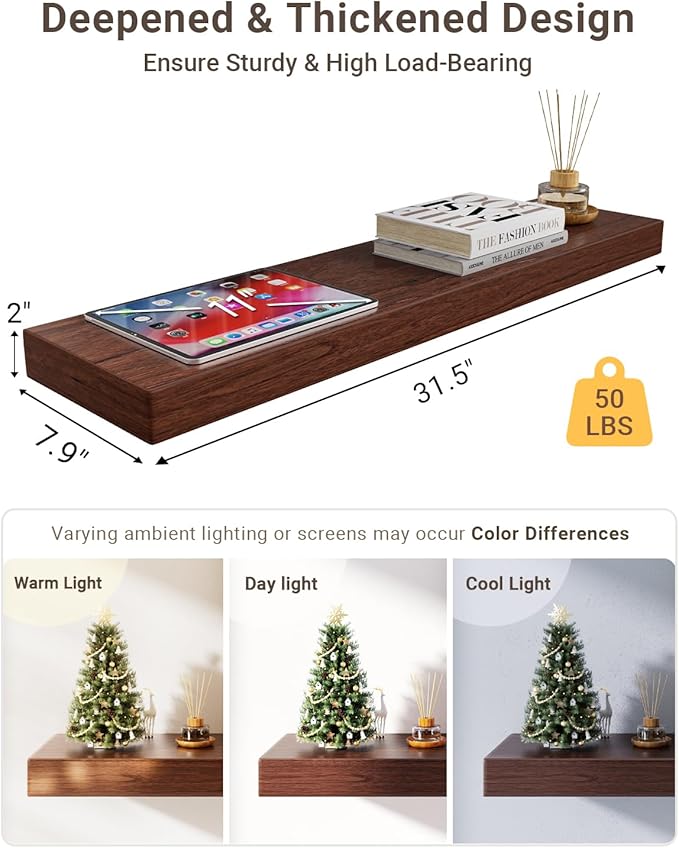 Walnut Floating Shelves, 2 Inch Thick Wooden Floating Shelves for Wall Mounted, 8 Inch Deep Shelves Over Toilet, 32"x8" Wall Shelves for Kitchen Living Room Bathroom, 50LBS Capacity, Set of 2