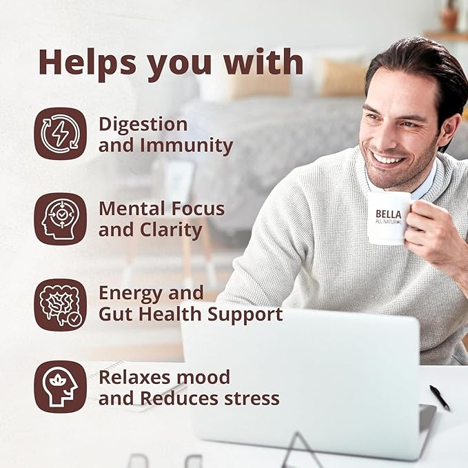 Bella all Natural Instant Mushroom Coffee – Organic Instant Coffee with Lion’s Mane & Chaga 30 Servings | Healthy for Focus, Brain Support & Immunity | Mushroom Coffee Powder