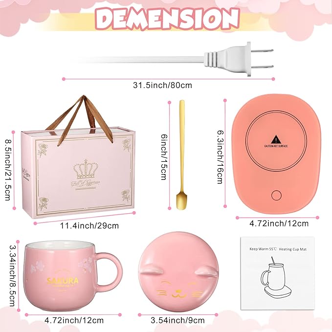 Honeydak Coffee Mug Warmer Cute Cat Mug Set Cup Warmer for Desk for Women Heated Coffee Warmer for Mom Home Office Christmas Birthday Gifts(Pink)