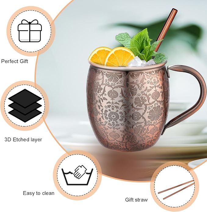 Moscow Mule MugsSet of 2-18 Oz Copper-Plated Fine Craftsmanship Etched Mugs,304 Stainless Steel-Lined Mule Cups,For Cold Drinks, Beer, Wine, Bars, Parties