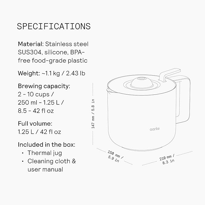 aarke Thermal Jug - Premium Double-Wall Vacuum Insulated Stainless Steel Coffee Carafe with Push-and-Pour Lid, 10 Cup Capacity, Seamless Integration Coffee Maker