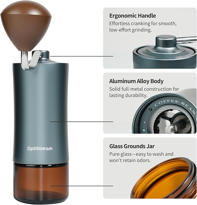 6-Burr Manual Coffee Grinder – Easy-Use CNC420 High-Carbon Steel, Gray Aluminum Body & Glass Jar, 25 g Capacity, Slim design for travel