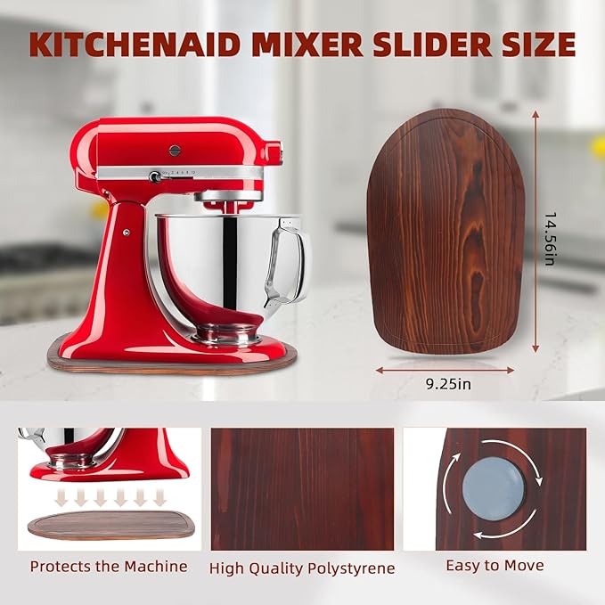 Mixer Slider Compatible with 4.5-5 QT Kitchen Aid Stand Mixers, Kitchen Countertop Storage Mover Sliding Caddy Mixer Slider Mat for Kitchen Aid Stand Mixer Accessories Attachment (Pine Wood - Brown)