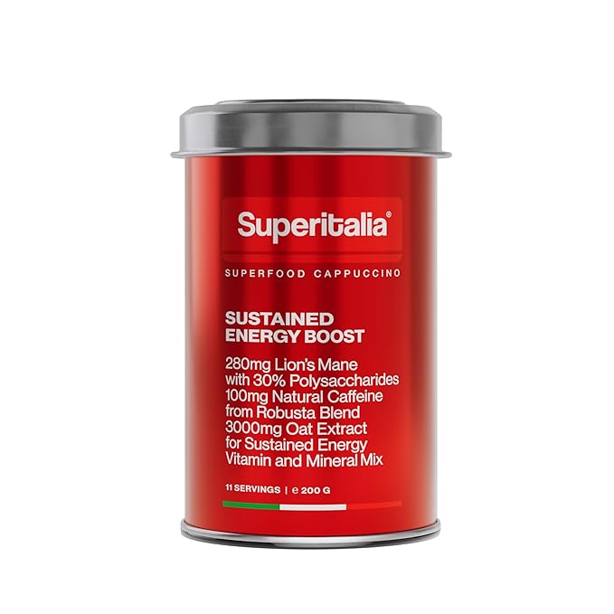 Sustained Energy Boost (11 servings) - Instant Coffee - Mushroom Coffee with Lion's Mane, Vitamins & Minerals - Superfood Cappuccino by Superitalia - official partner of Hyrox - Made in Italy