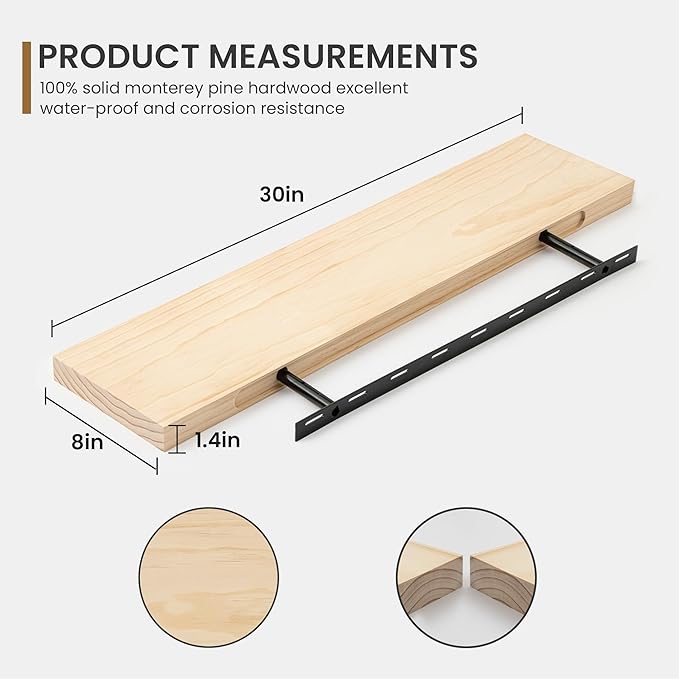 Fun Memories Farmhouse Floating Shelves - 8 Inch Deep Rustic Wood Wall Shelf - Premium Solid Pine Wood Storage Shelf for Kitchen Living Room Bedroom - 30" W x 8" D - Set of 2 - No Stain - Unfinished