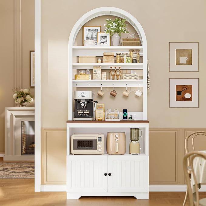 79" Tall Arched Bakers Rack with Power Outlets, Coffee Bar Cabinet with Storage, Kitchen Microwave Stand with Pegboard & 10 Hooks, Adjustable Shelves for Dining Room, Living Room, White