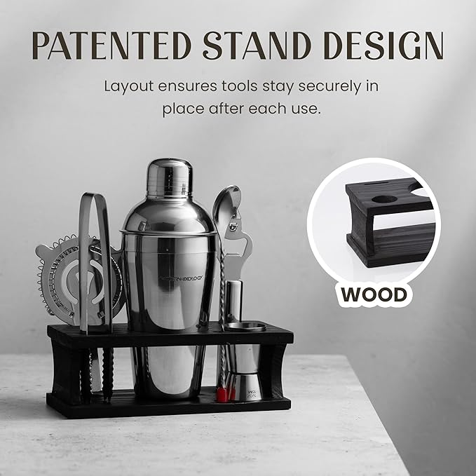 Modern Mixology Cocktail Shaker Set - 8 Piece Bartender Kit with Martini Shaker and Popular Bar Accessories on Quality Pine Stand - Leak Proof Design (Silver)