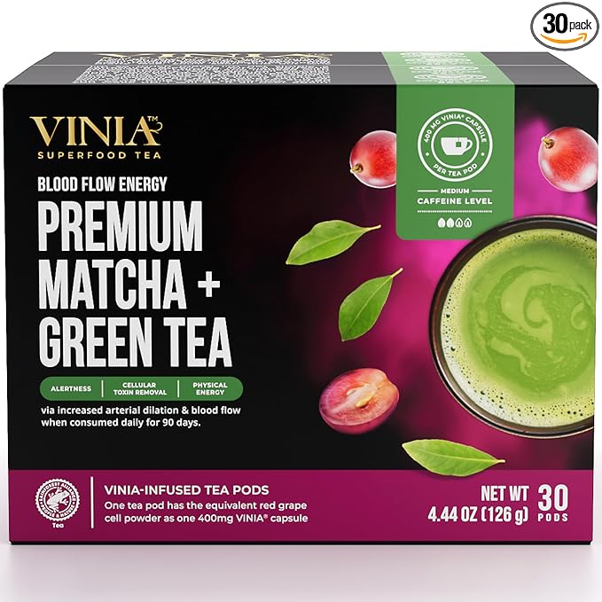 VINIA Premium Matcha + Green Tea K-Cup Pods, Made with Organic Tea, Infused with Piceid Resveratrol for Heart Health, Nitric Oxide, Physical Energy, Alertness, Blood Flow, Keto, Kosher, NON-GMO. 30 Ct