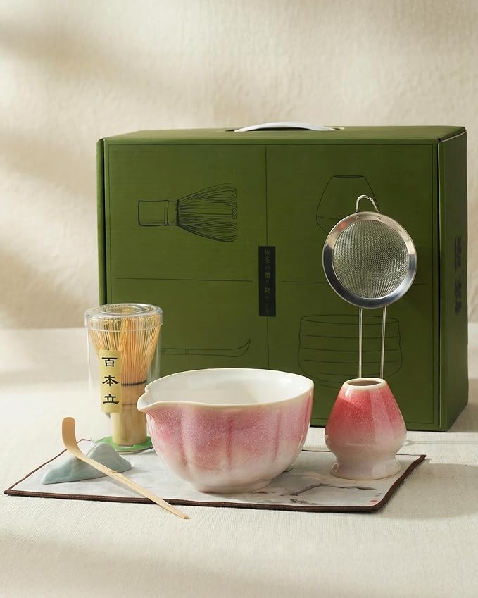 Handcrafted Matcha Kit, 7-Piece Green Tea Set, Includes Ceramic Bowl, Bamboo Whisk, Stainless Steel Sifter, Bamboo Scoop, Whisk Holder & Cotton Towel, Perfect for Tea Ceremony, Pink Big Flower
