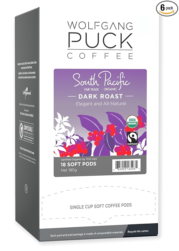 Wolfgang Puck Coffee, South Pacific Dark Roast, 9.5 Gram Soft Pod, 18 Count (Pack of 6)