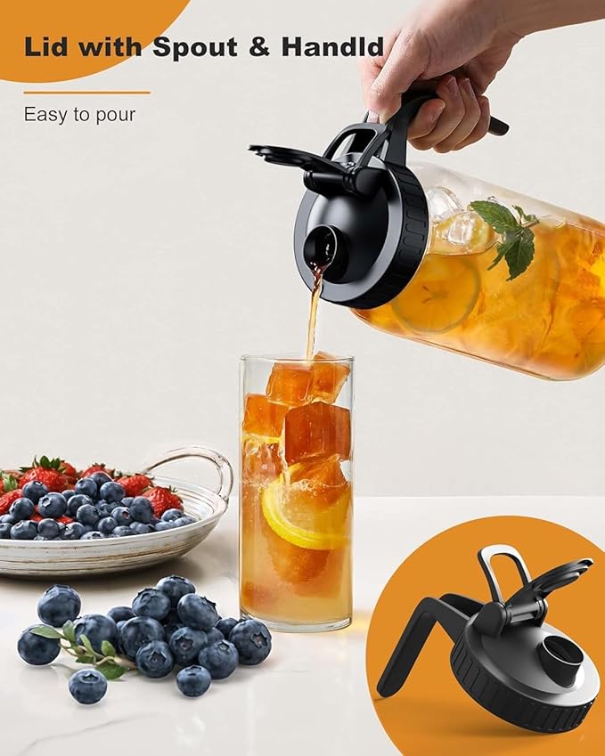 2-Pack 64oz Glass Pitcher with Lid, Leakproof Airtight Silicone Seal, Flip-Top Easy-Refill Refrigerator Pitcher with Handle & Spout for Iced Tea, Cold Brew, Lemonade & Sun Tea