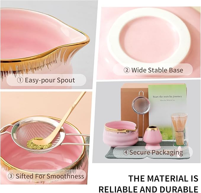 7-Piece Matcha Whisk Set: Pink Ceramic Bowl with Spout Edge (Golden Texture Design), Including Bamboo Whisk, Sieve, Spoon, etc., Suitable for Home Use/Matcha Lovers, Easy to Clean