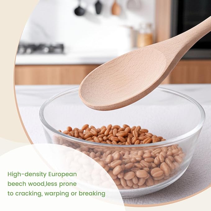 HANSGO 10 Inch Wooden Spoons for Cooking, 3PCS European Beech Wood Mixing Spoons, Heat Resistant, Non-Scratch for Nonstick Pans & Soup Pots, Ideal for Home Kitchen Stirring, Serving & Baking
