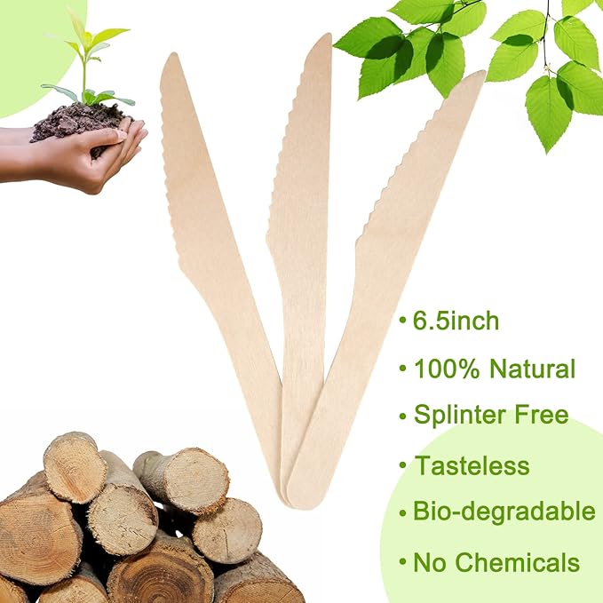 200 Pack Disposable Wooden Knives (6.5") - Heavy Duty Birch Cutlery for Charcuterie Boards & Holiday Parties - Sturdy Birch Utensils for Spreading Cheese, Jam & Butter