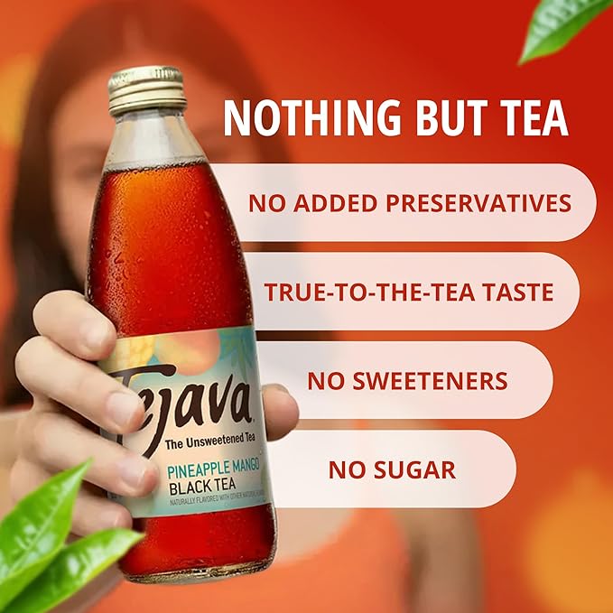 Tejava Pineapple Mango Black Iced Tea, 4 Pack, 12oz Glass Bottles, Unsweetened, Non-GMO, Kosher, No Sugar or Sweeteners, No calories, No Preservatives, Brewed in Small Batches