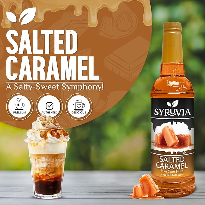 Syruvia Salted Caramel Syrup - 25.4 fl oz. Premium Coffee Flavoring Syrup. Kosher, and Gluten-Free. Perfect for Enhancing Drinks, Sodas, Shakes, Desserts, and More With Pump (Pack of 4)