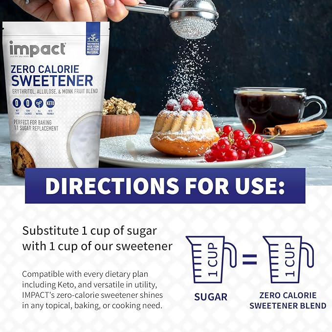 Impact Allulose, White Monk Fruit & Erythritol Sweetener Blend - Gluten Free, Zero Calories, Keto, Vegan, Non-GMO - 1 is to 1 Sugar Substitute - 2lbs