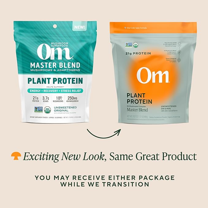 OM MUSHROOM SUPERFOOD Master Blend Vegan Protein – Unflavored Plant Protein with 10 Mushrooms, Ashwagandha, BCAAs & B12 – Energy, Recovery & Immune Support – 1.2 lb (16 Servings)