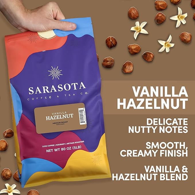 Sarasota Coffee Whole Bean Vanilla Hazelnut | Medium Roast Gourmet Flavored Coffee Beans | Low Acid, Mold Free, Specialty Grade Bulk Beans | 5lb (80 oz)