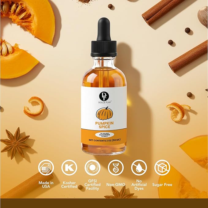 Dolce Flav Natural Pumpkin Spice Extract – 2 Ounce Oil-Soluble Kosher, Sugar-Free, Concentrated Warm Pumpkin Spice Flavoring for Baking, Smoothies & Desserts, Includes Measured Dropper