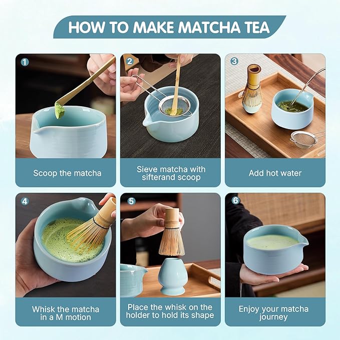 Matcha Whisk Set, Matcha Bowl, Matcha Whisk,Chasen Holder, Sieve, 2 Spoons, 6-Piece Set of Matcha Making Tools for Matcha Lovers and Traditional Tea Art Gift Box(Green)