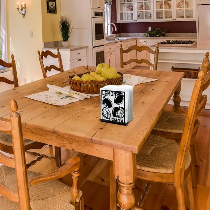 Lemon Decorative Black Metal Napkin Holder for Table, 5.3" x 4.9" x 1.9" Lemon Fruit Standing Napkin Holder for Home Kitchen Restaurant Picnic Party Coffee Bar Dining Room