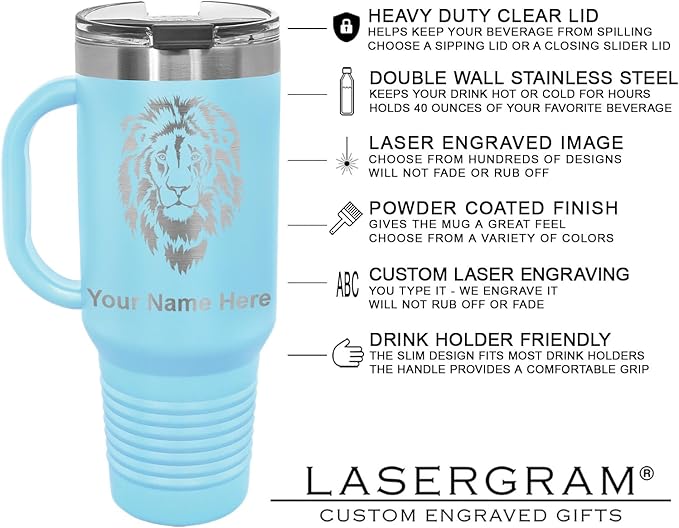 LaserGram 40oz Vacuum Insulated Travel Mug with Handle, Sushi, Personalized Engraving Included (Light Blue)