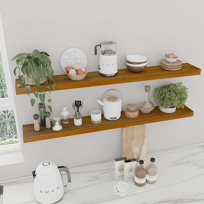 IAE Walnut Floating Wall Shelves 48 inch, Bathroom Shelf Wall Mounted,Invisible Shelving Floating Kitchen Shelf,Wooden Wall Shelves with Brackets for Living Room Wall Mounted,Easy Install,Set of 2