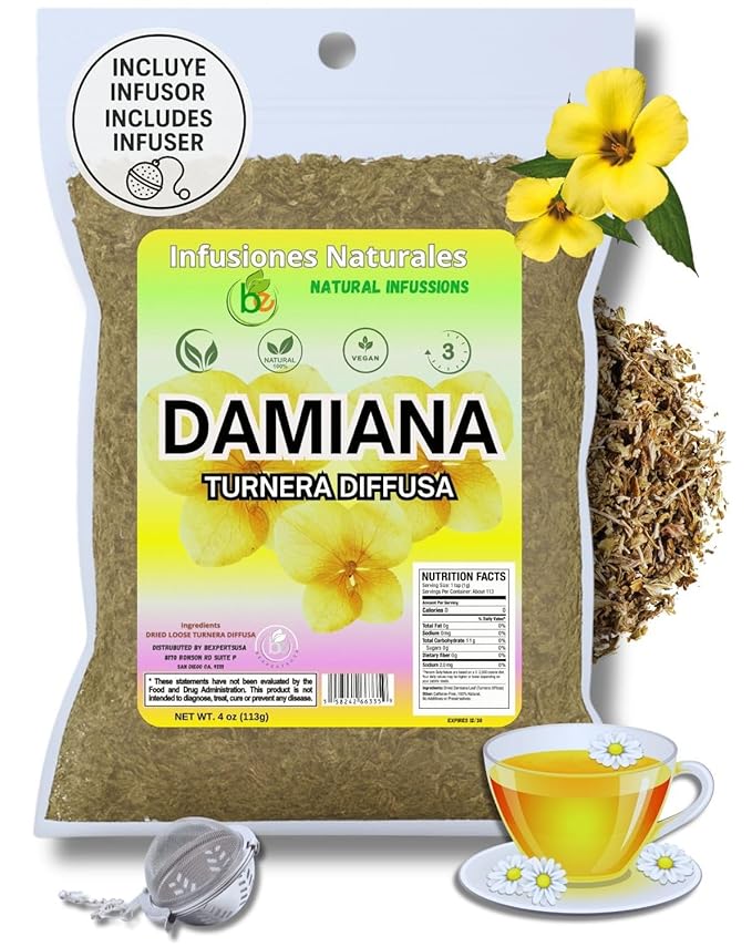 Damiana Leaf Te – 4 oz (113g) Loose Herbal Tea + Stainless Steel Tea Infuser – 100% Natural Turnera diffusa – Authentic Mexican Origin – Caffeine-Free, Non-GMO, Gluten-Free, Vegan By Bexpertsusa