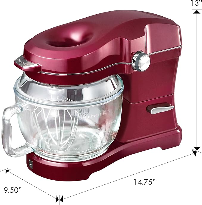 Kenmore 500W Oviation Stand Mixer - 10 Speed Mixing, Tilt-Head, 5QT Handheld Glass Bowl With Pouring Top Splash Guard, Flat Beater, Whisk, Dough Hook Attachments Countertop Kitchen Appliance, Red