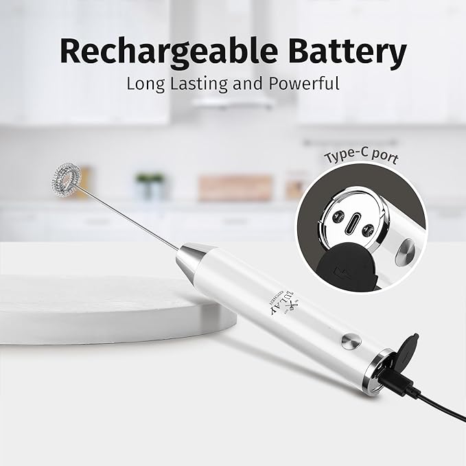 Zulay Kitchen Lux Electric Milk Frother Rechargeable Handheld - Powerful 2-Speed Motor, Waterproof, 2000mAh Battery - Drink Mixer for Latte, Cappuccino, Matcha & Protein Powder - Snow White