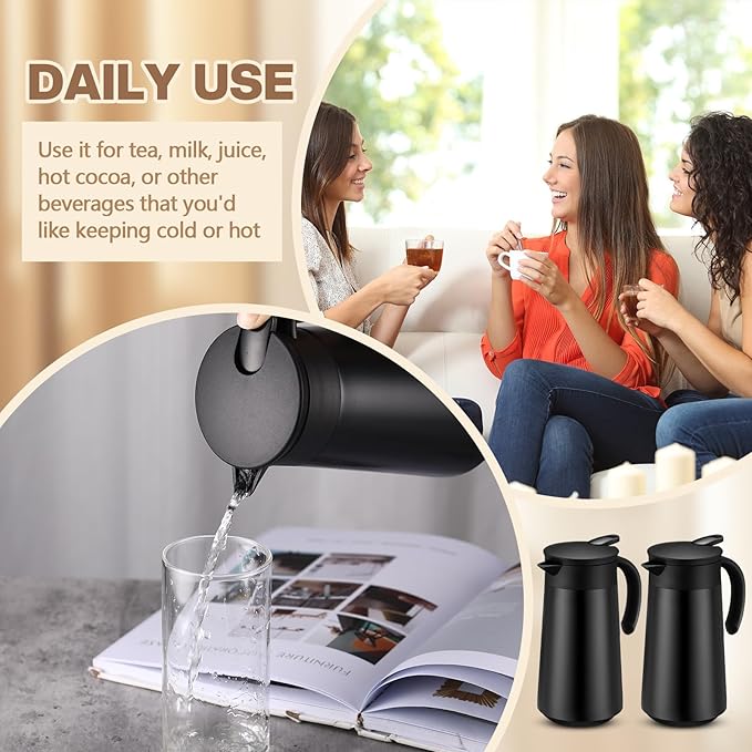 2 Pcs 27oz Thermal Coffee Carafe Stainless Steel Coffee Pot for Keeping Hot/cold Insulated Double Walled Vacuum Tea Pot with Press Button Drink Beverage Dispenser for Milk Tea(Black)