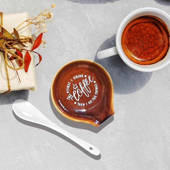 Funny Coffee Quote First I Drink The Coffee Then I Do The Things Ceramic Spoon Holder-Brown Coffee Spoon Rest -Cafe Station Bar Accessories