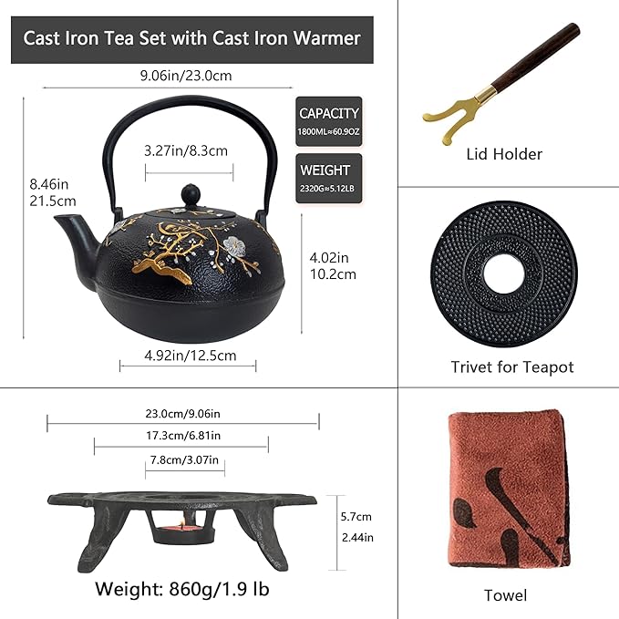 Cast Iron Tea Set with Cast Iron Warmer, Japanese Tetsubin 60.9oz Large Teapot Set with Infuser for Loose Tea, Heavy Tea Kettle for Stovetop Safe, Asian Elegant Durable Teaset Gift