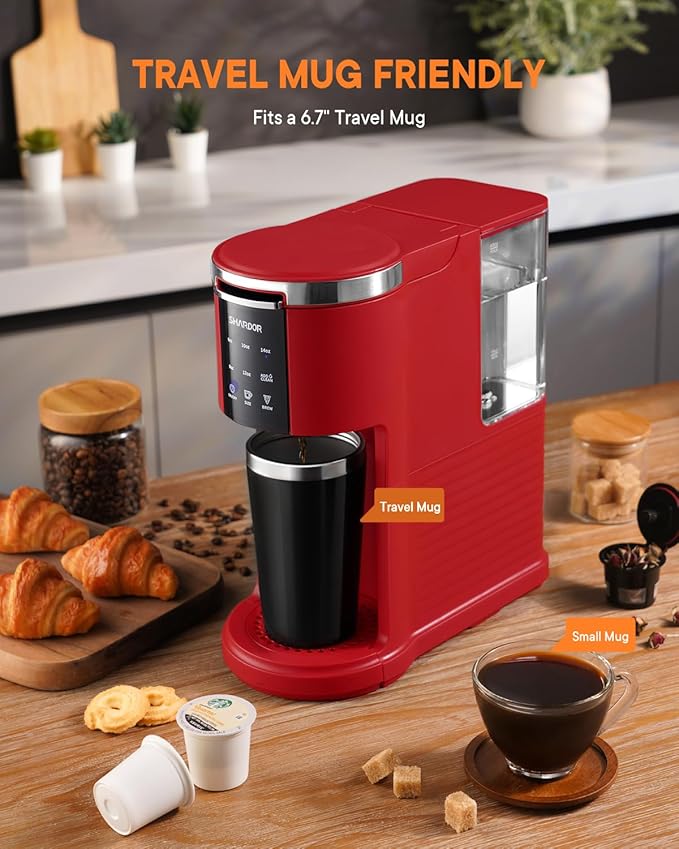 SHARDOR 3 in 1 K Cup Coffee Maker, Single Serve Coffee Maker for K Cup Pods & Ground Coffee & Teas, 6 to 14oz Brew Sizes, 40oz Detachable Water Reservoir, Compact Design, Red