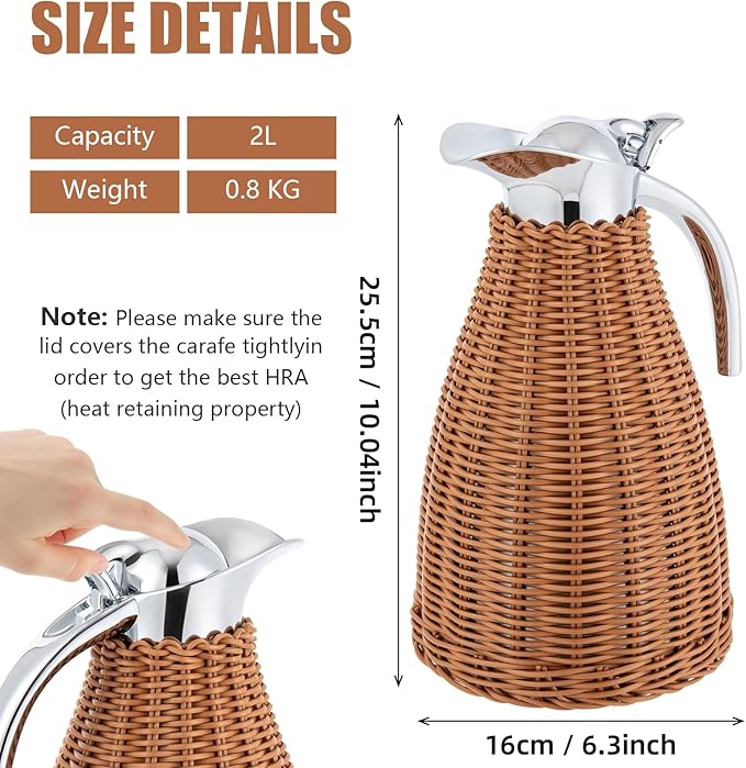 Stainless Steel Coffee Thermal Carafe, 50 Oz/1.5 L Woven Rattan Insulated Coffee Carafe Double Walled Vacuum Insualted 20 Hour Heat Cold Retention (Brown)